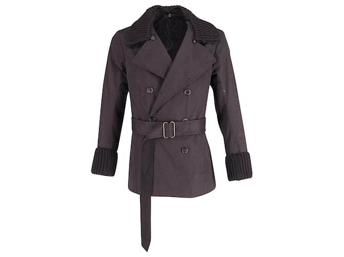 Yves Saint Laurent Double-Breasted Coat with Belt in Black Cotton  ref.609950
