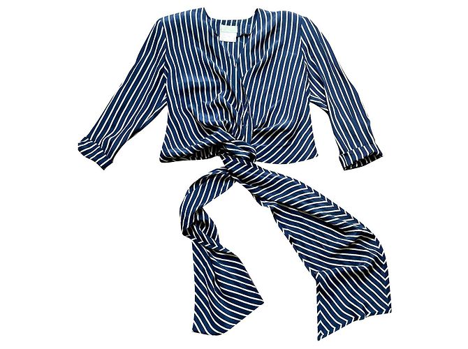 Blusa de seda Emmanuelle Khanh azul marinho com listras brancas Branco Azul escuro