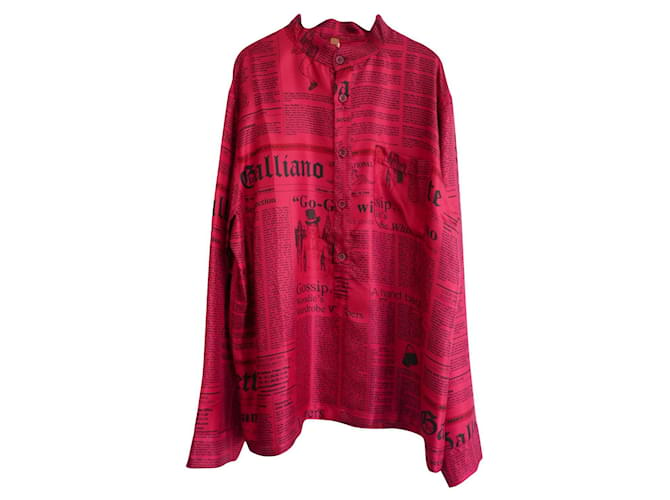 John Galliano Camisa de seda roja con estampado de periódico  ref.610396