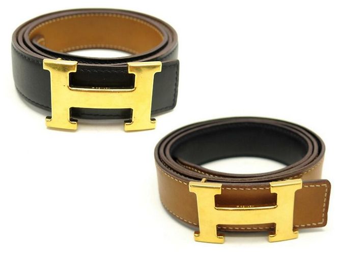 Hermès CINTURÓN HERMES HEBILLA H ORO ESLABONES REVERSIBLES 32 MM 90 CINTURÓN PIEL CUADRO NEGRO
