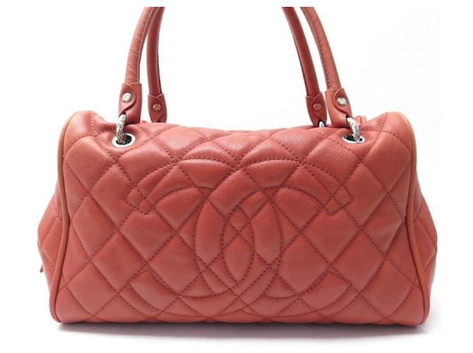CHANEL BOWLING LOGO CC HANDBAG IN CORAL QUILTED CAVIAR LEATHER HAND BAG Orange  ref.611103