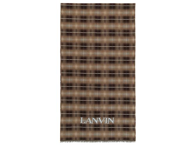 Lanvin Plaid Logo Wool Scarf Brown  ref.611806