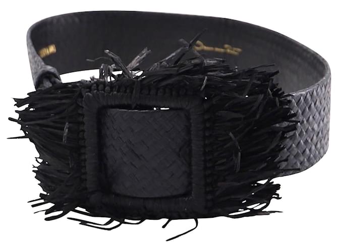 Oscar De La Renta Woven Raffia Fringe Belt in Black Leather   ref.612055