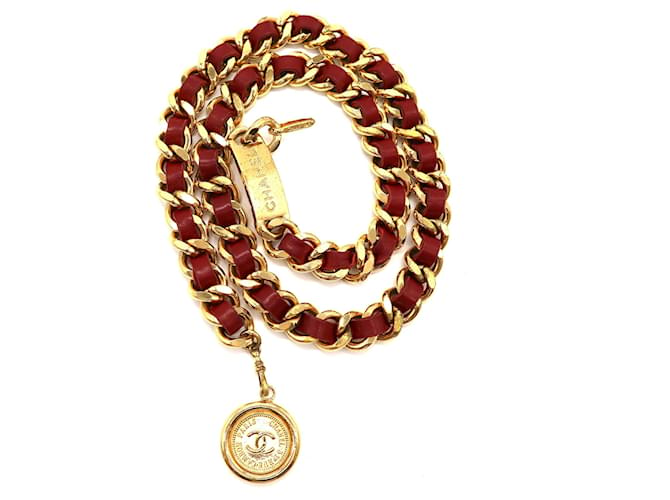 Chanel Gold Red CC Medallion Leather Through Chain Belt/Necklace