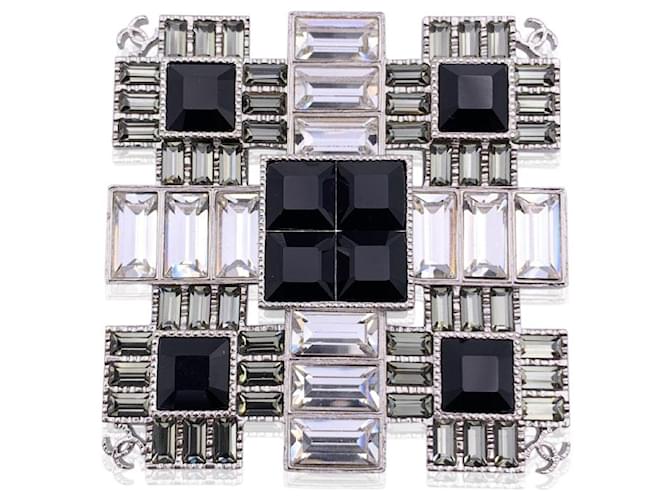 Chanel Silver Metal Clear Black Crystals Square Brooch Pin Silvery  ref.612880