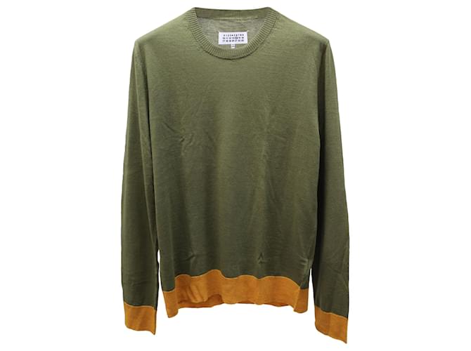 Maison Martin Margiela Sweater with Leather Elbow Patch in Green Khaki Linen  ref.613035