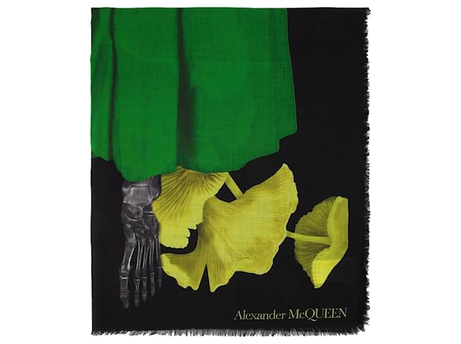 Alexander Mcqueen Skeleton Mushroom Scarf in Black/Multi Wool Multiple colors  ref.613093