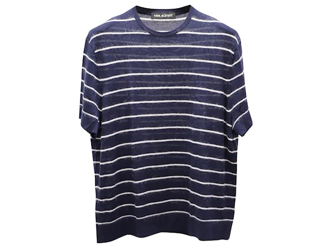 Neil Barrett Chemise à rayures tricotées à manches courtes en laine bleu marine et blanche  ref.613256
