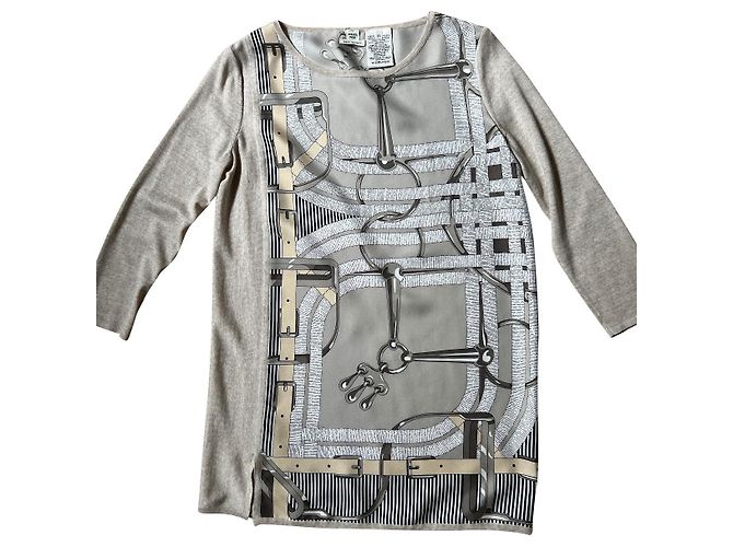 Hermès Hermes Tunika Twillaine Weiß Beige Grau Sand Creme Haselnuss Hellbraun Seide Baumwolle Kaschmir
