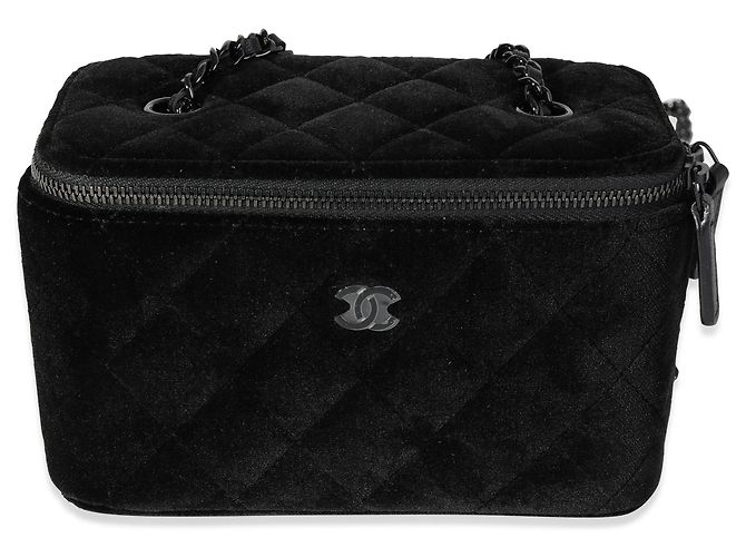 Vanity Estojo de veludo acolchoado preto Chanel com corrente
