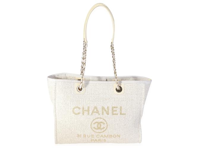 Chanel Ivory Metallic Tweed Kleine Deauville Einkaufstasche Weiß  ref.613952