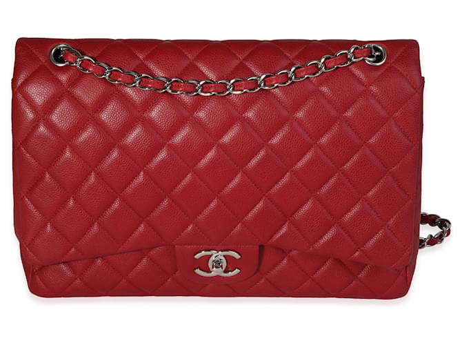 Chanel Red Quilted Caviar Maxi Classic gefütterte Überschlagtasche Rot Leder  ref.613961
