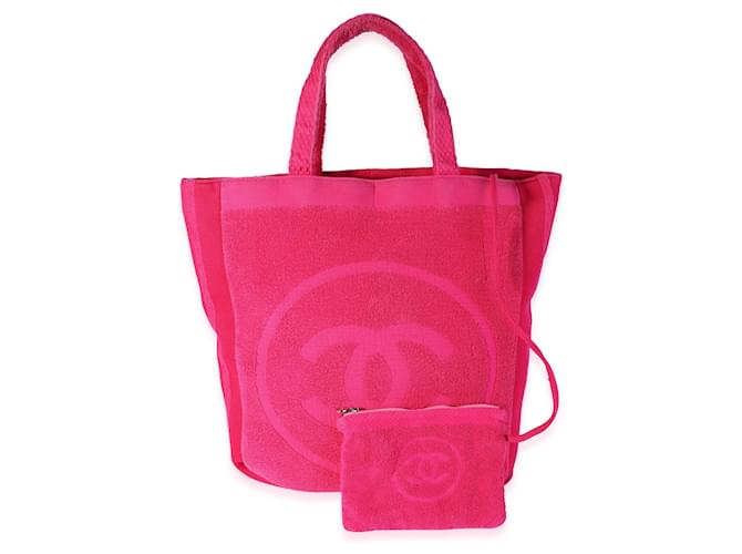 Chanel Fuchsia Terry Cloth Cc Beach Tote  Pink Leather  ref.614021