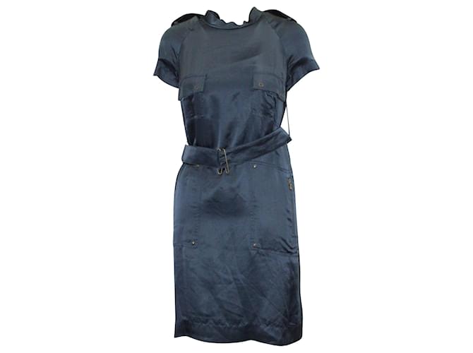 Lanvin Robe Fourreau Ceinturée en Soie Bleue  ref.614070