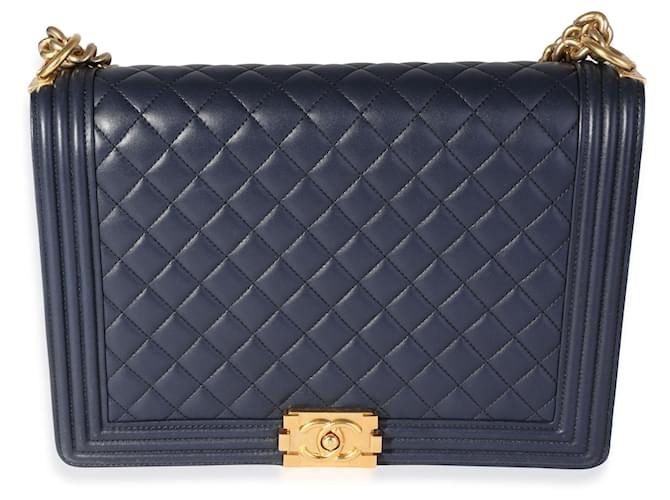 Chanel Navy Quilted Lambskin Large Boy Bag  Blue Leather  ref.614168