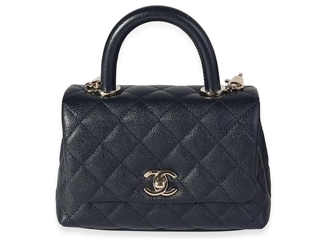 Chanel Navy Quilted Caviar Extra Mini Coco Top Handle Bag  Blue Leather  ref.614184