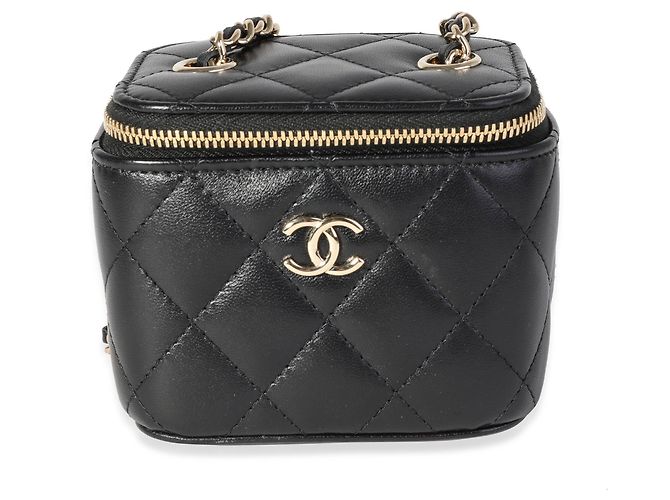 Vanity Chanel Mini-Kosmetikkoffer aus schwarzem, gestepptem Lammleder mit Kette