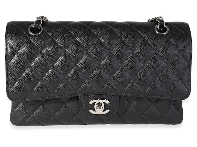 Timeless Bolsa Chanel Black Acolchoado Caviar Médio Clássico Forrado com Aba Preto  ref.614197