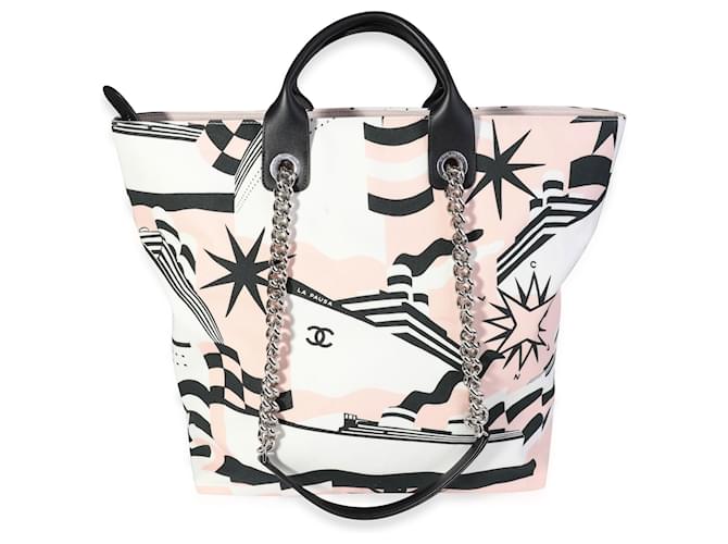 Chanel nero, rosa, Borsa shopping La Pausa in tela bianca e bianca  ref.614274
