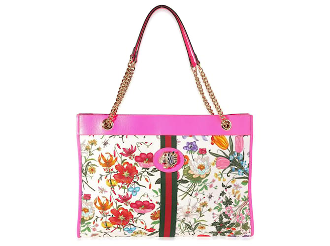 Gucci Bolso tote Rajah de lona Flora multicolor y cuero rosa fuerte  ref.614301