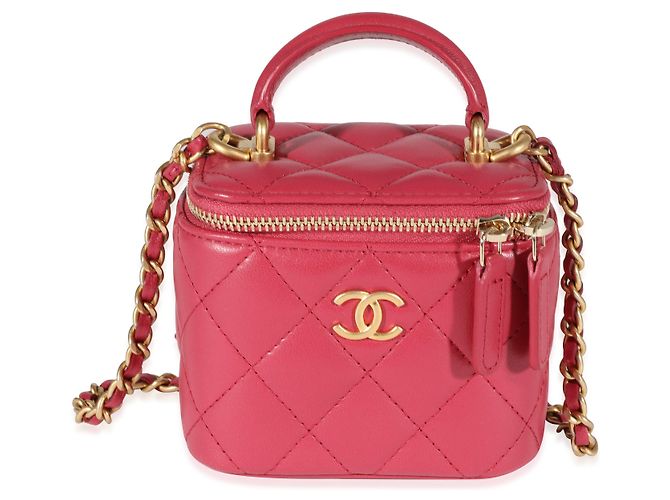 Vanity Chanel Himbeere gesteppter Lammfell-Mini-Kosmetikkoffer mit Kette Rot