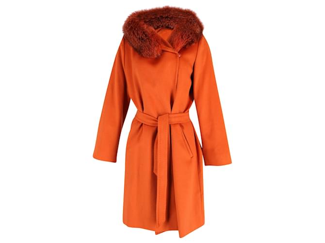 Abrigo cruzado con ribete de piel de Max Mara en naranja Lana Vergine  ref.614431