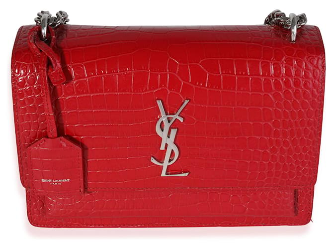 Sunset Saint Laurent Mittelgroße Crossbody-Tasche mit Krokodilprägung und roter glänzender Croc-Prägung Leder  ref.614487