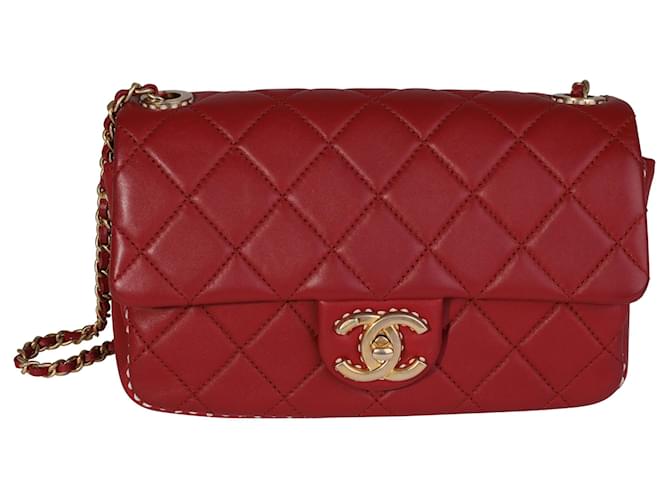 Chanel Red Quilted Lambskin Small Stitched Single Flap Bag Leather  ref.614525 - Joli Closet
