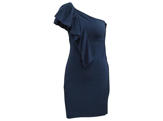 Maje One Shoulder Ruffled Dress in Navy Blue VIscose  Cellulose fibre  ref.614533
