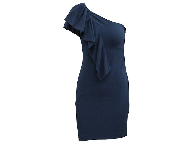 VESTIDO CON VOLANTES Y UN HOMBRE MAJE EN VISCOSA AZUL MARINO