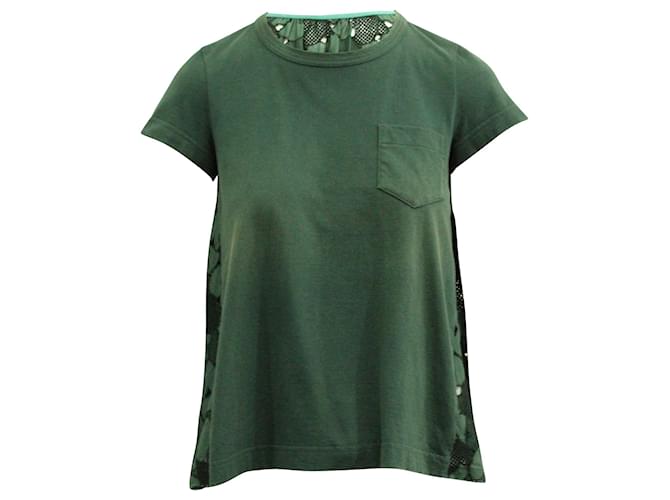 Camiseta acampanada plisada de encaje con panel de Sacai en algodón verde  ref.614548