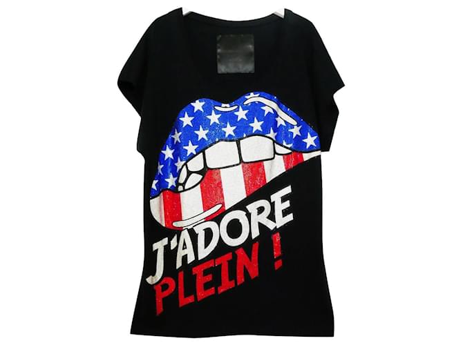 Philipp Plein Embellished  J'Adore Plein T-Shirt Black Cotton  ref.614971