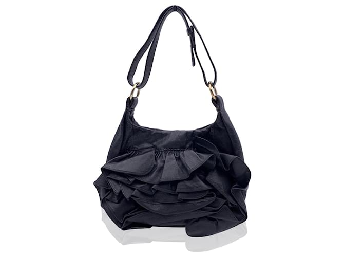 Yves Saint Laurent Black Ruffled Leather Hobo Tote Shoulder Bag  ref.615173