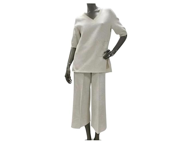 Chanel Ivory Knited Suit Set Beige Cotton  ref.615519