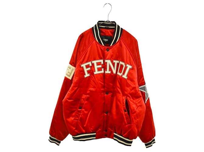 FENDI  Logo Patch Satin Bomber Jacket Red Nylon  ref.615530