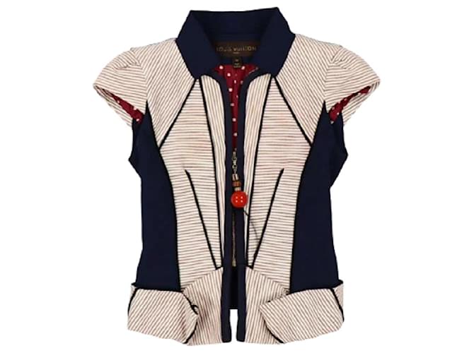 Louis Vuitton / LOUIS VUITTON jaqueta manga curta padrão listrado material diferente zíper 34 marfim vermelho marinho Algodão Lã  ref.615569