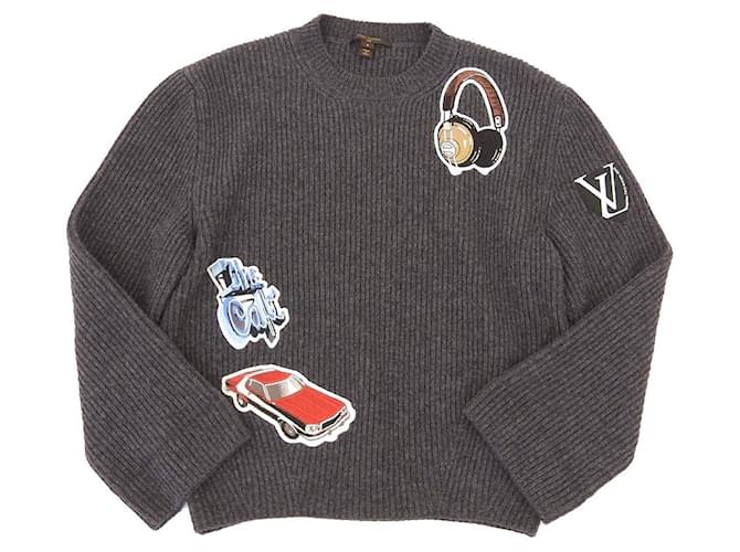 Louis Vuitton Grey Wool Knit Leather Trimmed Crew Neck Jumper S