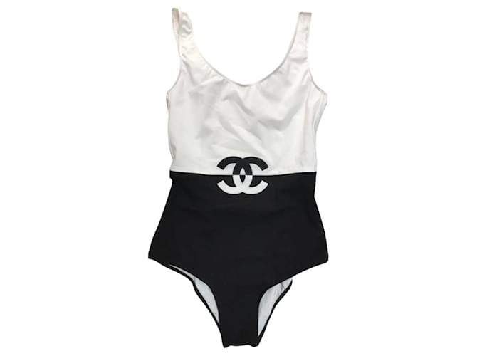 Chanel CC Logo Einteiler Schwarz und Weiß Zweifarbige Größe 34 XS Elasthan Polyamid  ref.615602