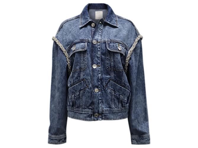 Sandro Paris Crystal Embellished Jacket in Blue Denim Cotton  ref.615864
