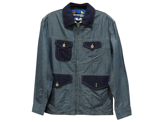 Junya Watanabe Man Zip Multi-Pocket Shirt Jacket in Blue Cotton Denim