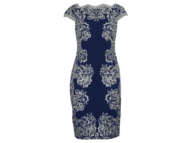 Tadashi Shoji Blaues Kleid mit weißer Spitze