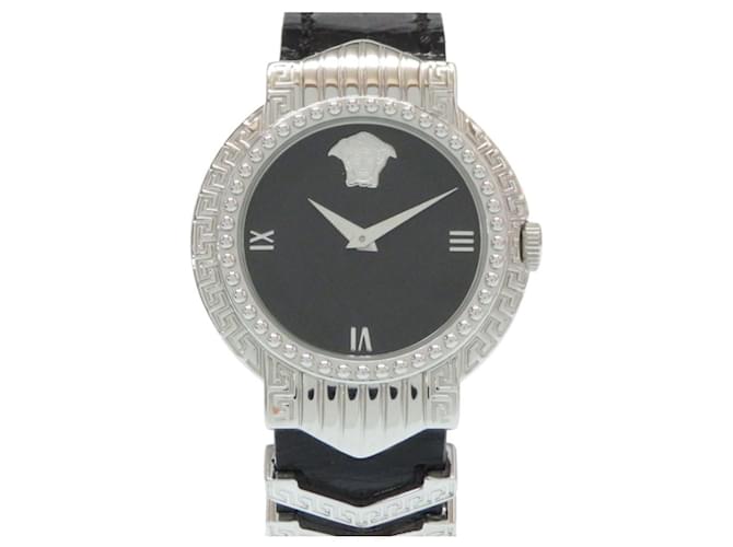 Reloj de mujer Gianni Versace Medusa Negro Cuero Plata Chapado en oro  ref.615980