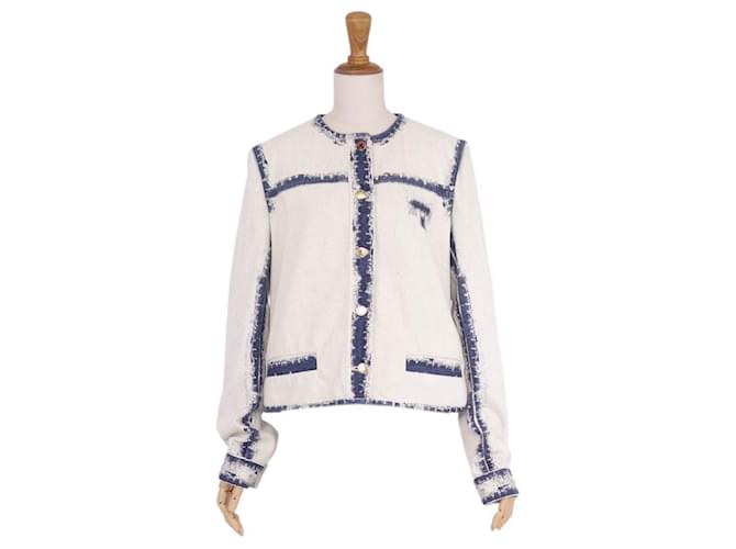Louis Vuitton LOUIS VUITTON Jaqueta bleach jeans sem gola roupas femininas azul índigo/branco Algodão Poliuretano  ref.615991
