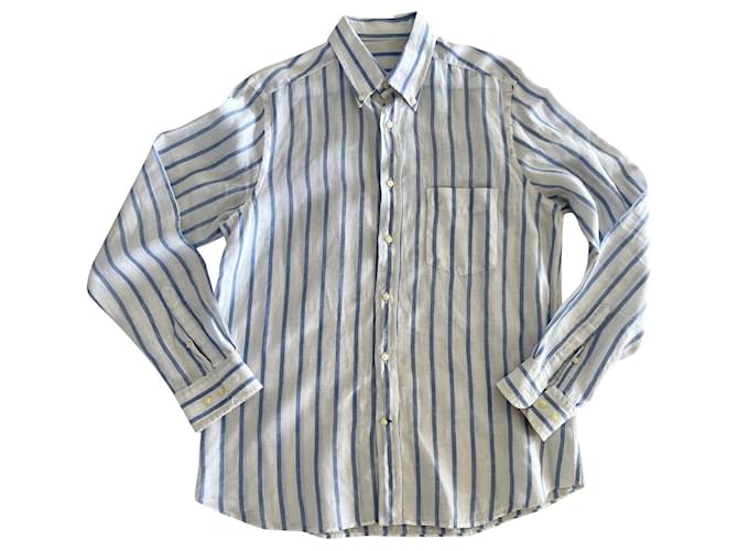 Camisa blanca de lino con rayas azules Massimo dutti T. l (Talla de cuello 41-42) Blanco Azul claro  ref.616126