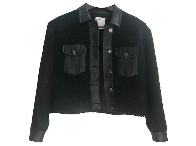 Giacca Sandro in tweed e pelle nera 36 Nero