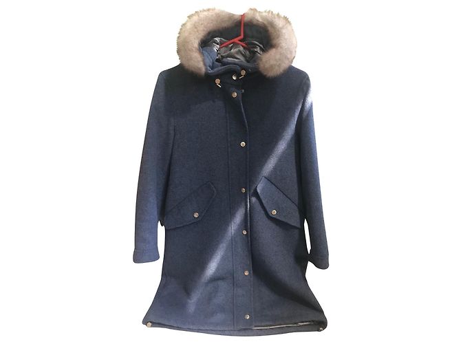Casaco azul de lã Massimo Dutti com capuz de pele sintética