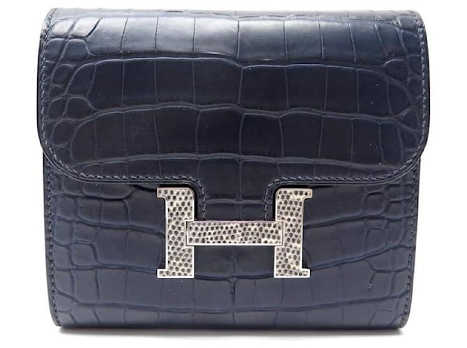 Hermès NEUF PORTEFEUILLE HERMES CONSTANCE COMPACT EN CUIR CROCODILE H EN LEZARD WALLET Cuirs exotiques Bleu Marine  ref.617209