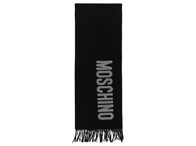 Moschino Logo Fringe Wool Scarf Black  ref.617307