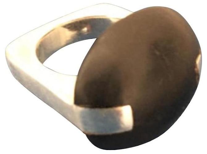 Autre Marque Vintage modernist ring in wood and silver Black Silvery  ref.617336