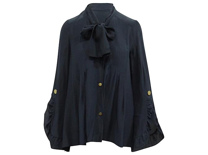 Peter Pilotto Long Sleeve Blouse with Pussy Bow in Navy Blue Silk  ref.617486